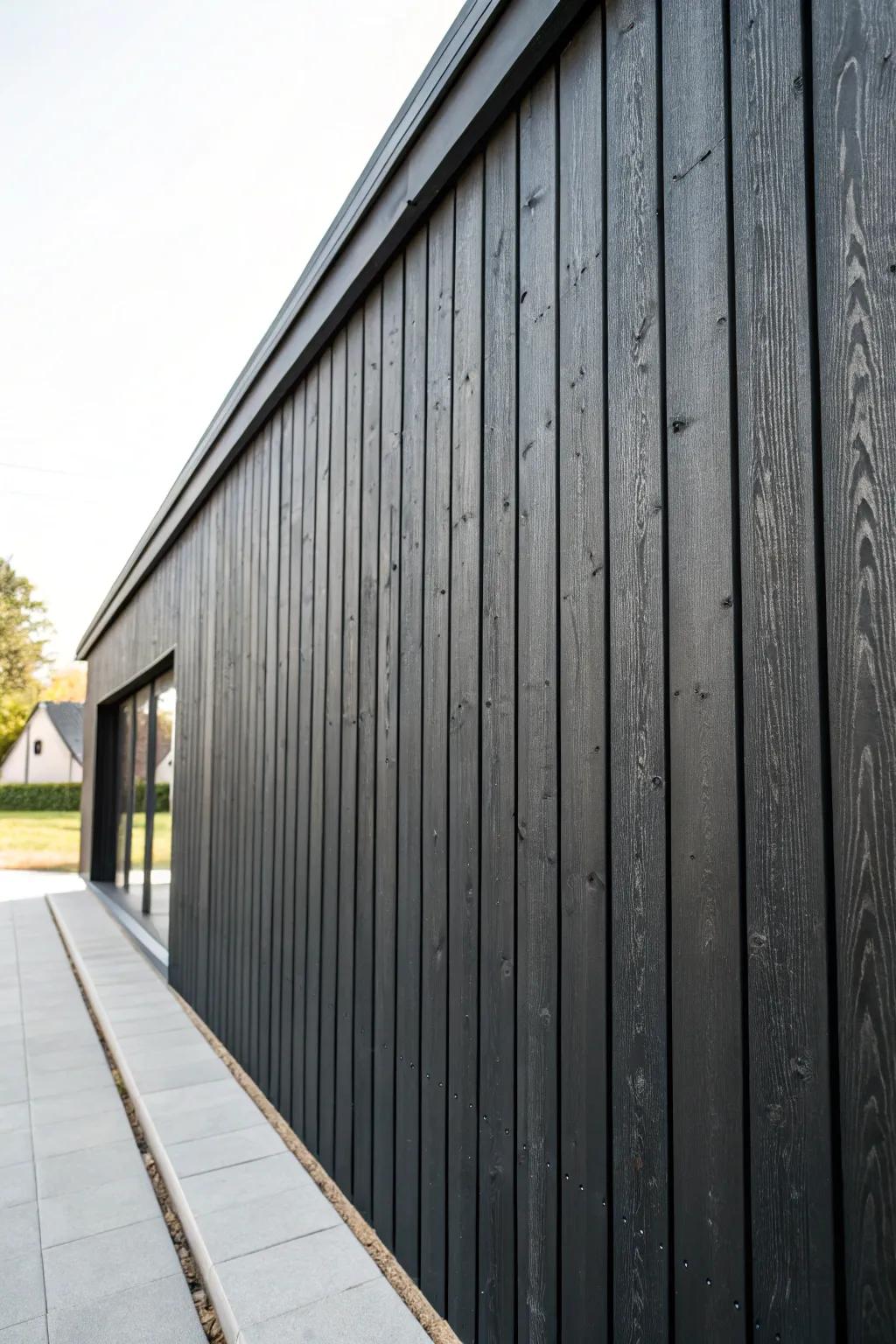 Deep-charred cedar slats bring sculptural outdoor drama—inky texture that stays surprisingly clean.