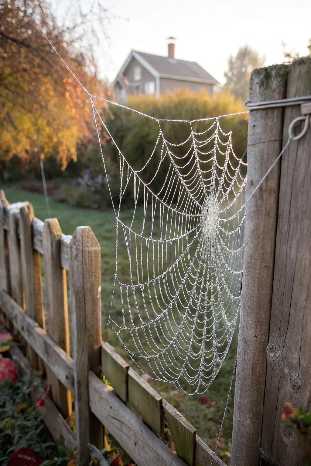 Transform your fence into a charming Halloween display with delicate spiderwebs, blending simplicity and seasonal elegance.