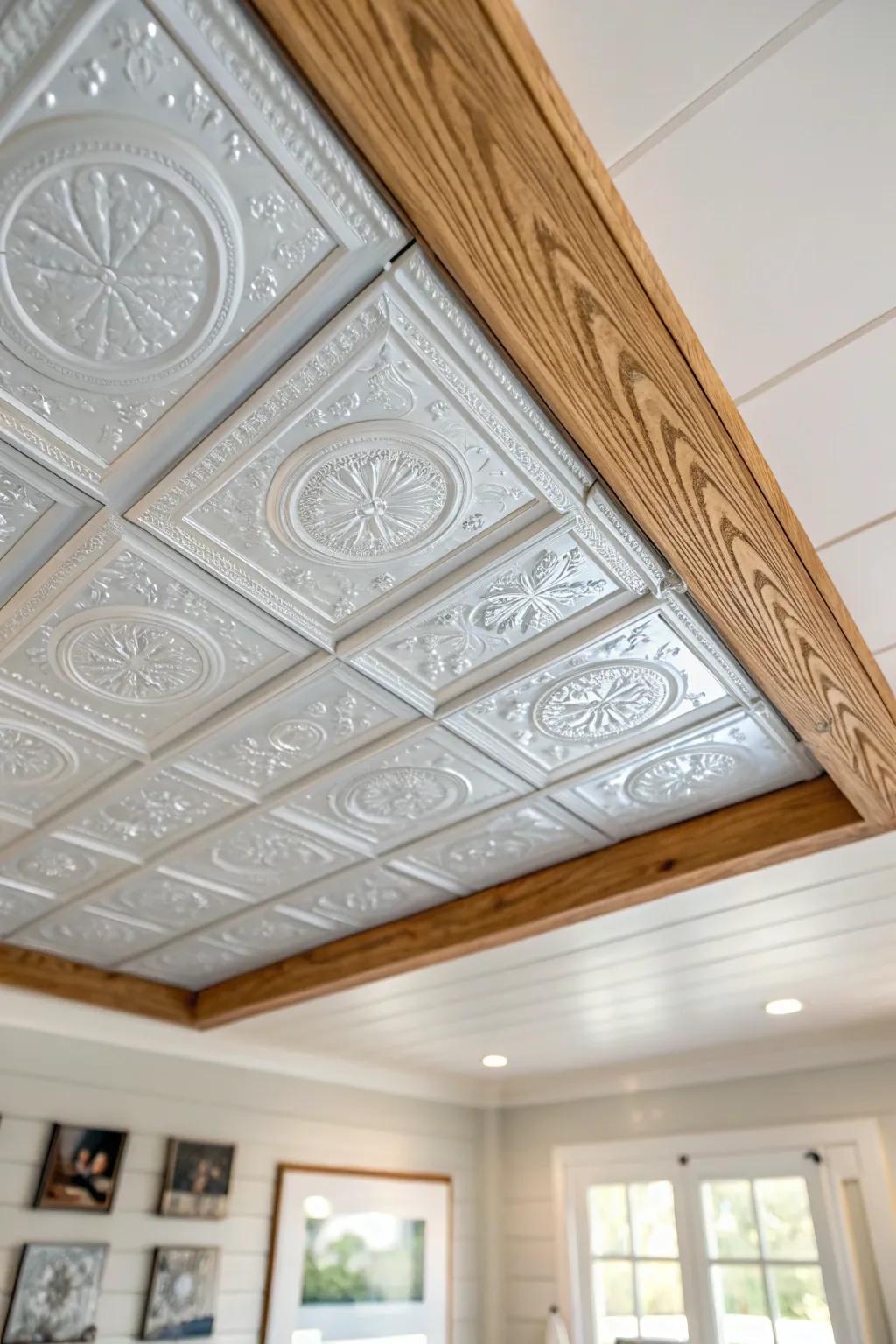 Vintage-meets-modern ceiling: upcycled tin tiles framed in warm wood for cozy family-room charm.