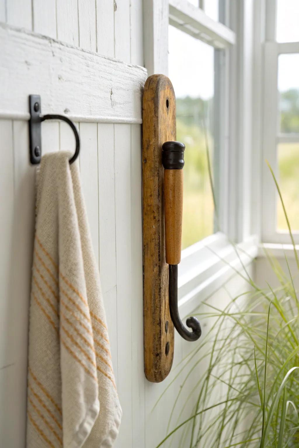 DIY farmhouse bathroom hook from a vintage tool handle—rustic, unique, and budget-friendly.