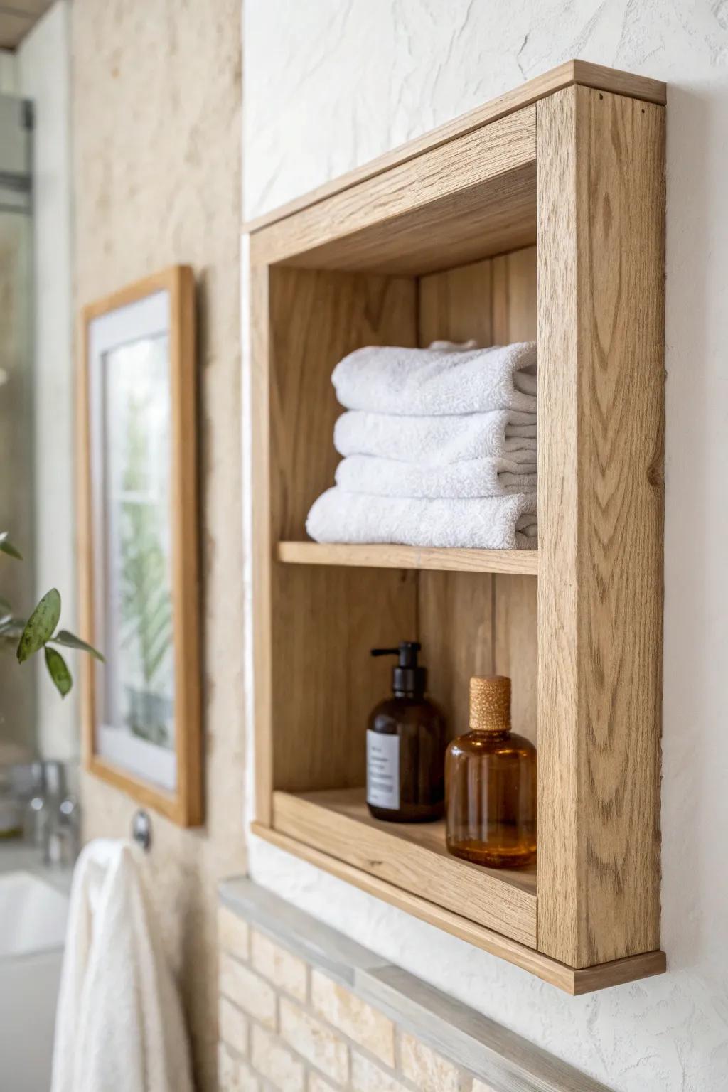 A framed print that swings open—revealing a hidden oak shelf for bathroom backup essentials.