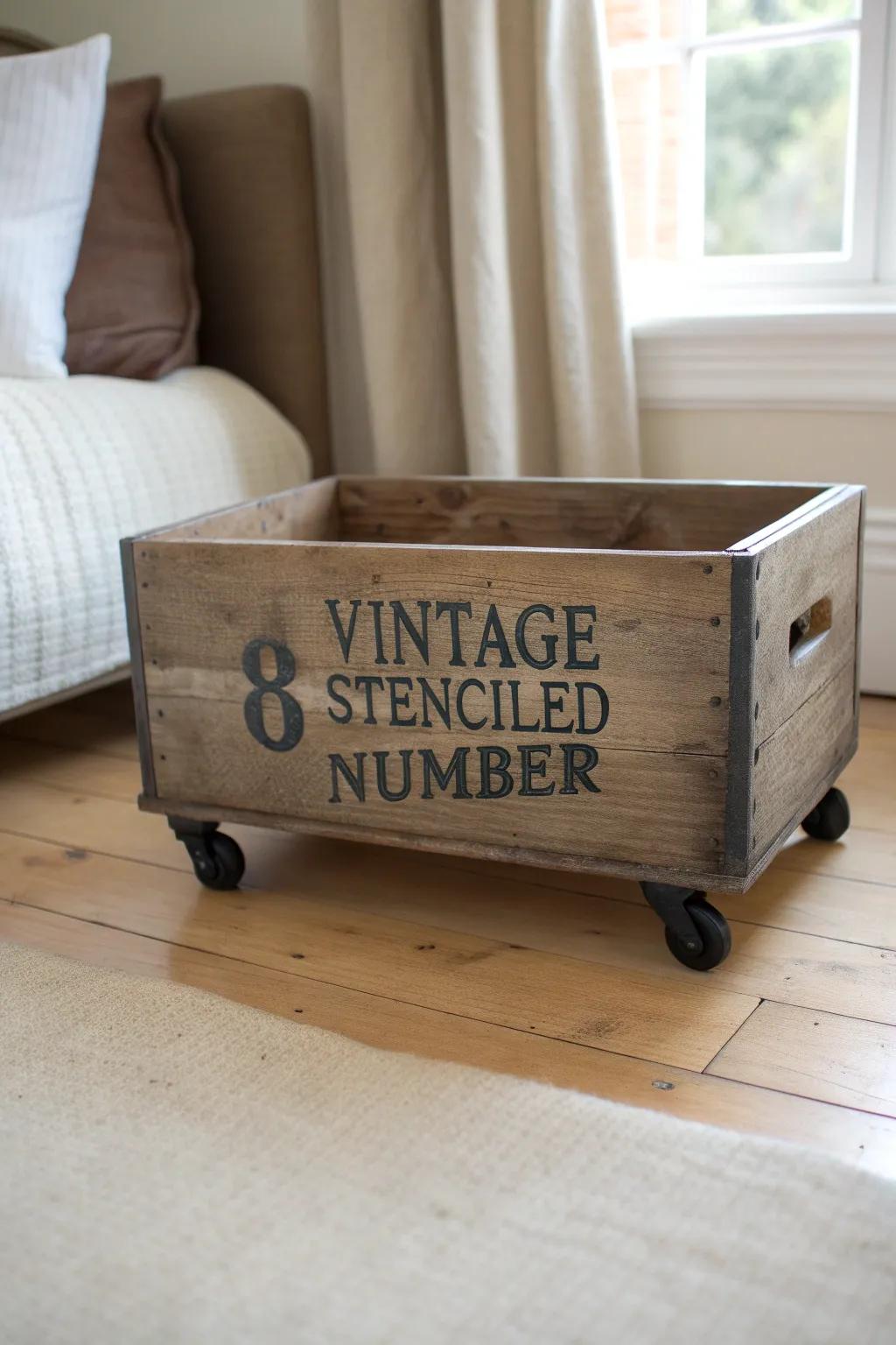 DIY rolling under-bed crate with vintage stenciled number—farmhouse storage on a budget.