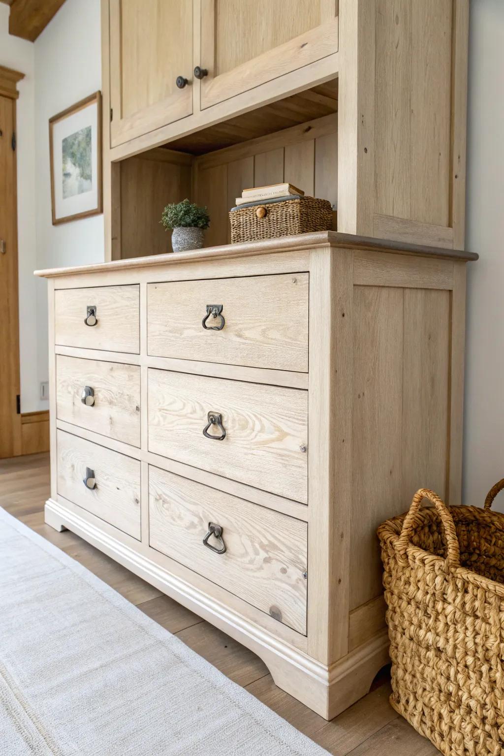 A refinished salvaged dresser trimmed in like a built-in—farmhouse charm with real wood drawers.