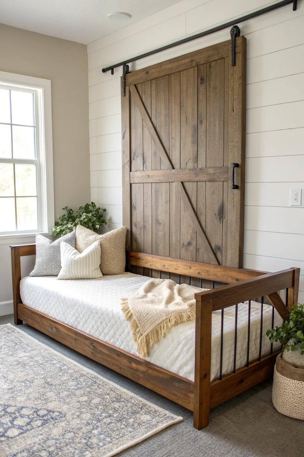 Barn door slat-back daybed in dark stain—bold farmhouse charm with clean Scandinavian ease.