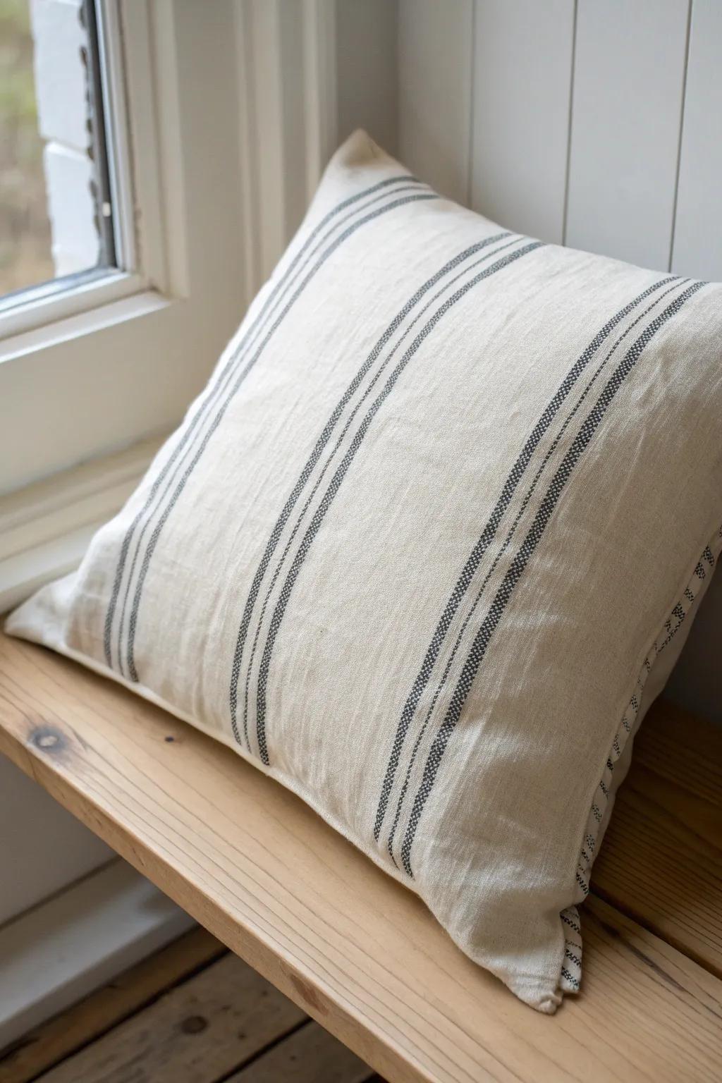 Budget farmhouse charm: sew grain-sack striped pillow covers for a cozy, rustic look.