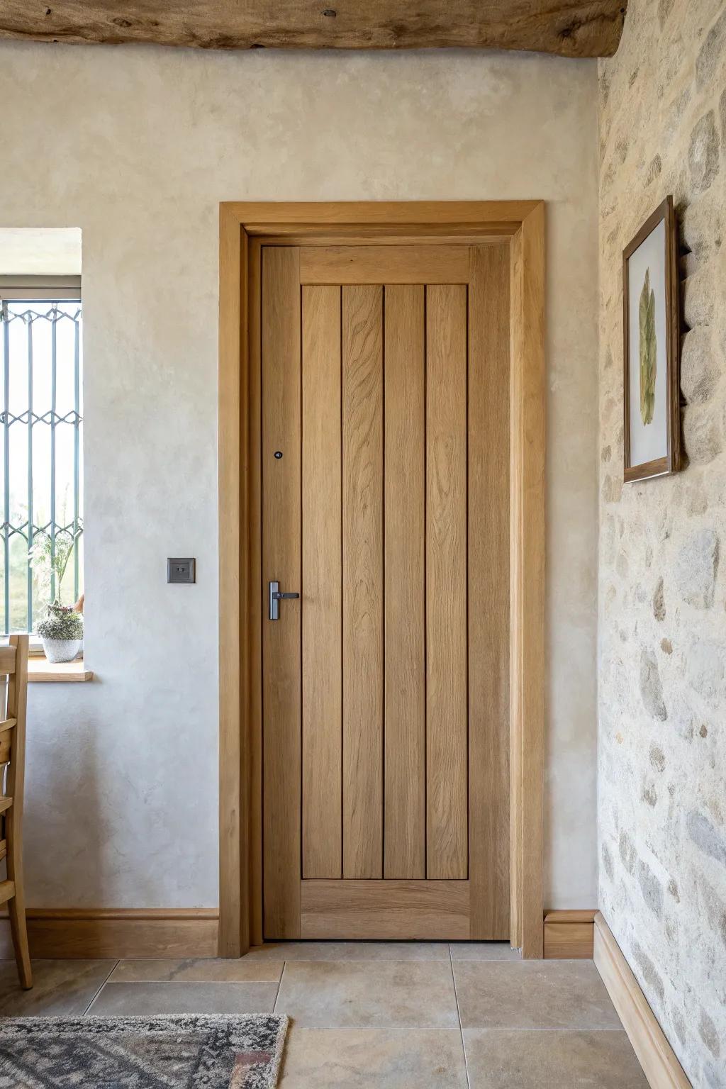 A classic farmhouse door elevated by a slim smoky resin inlay that glows in soft light.