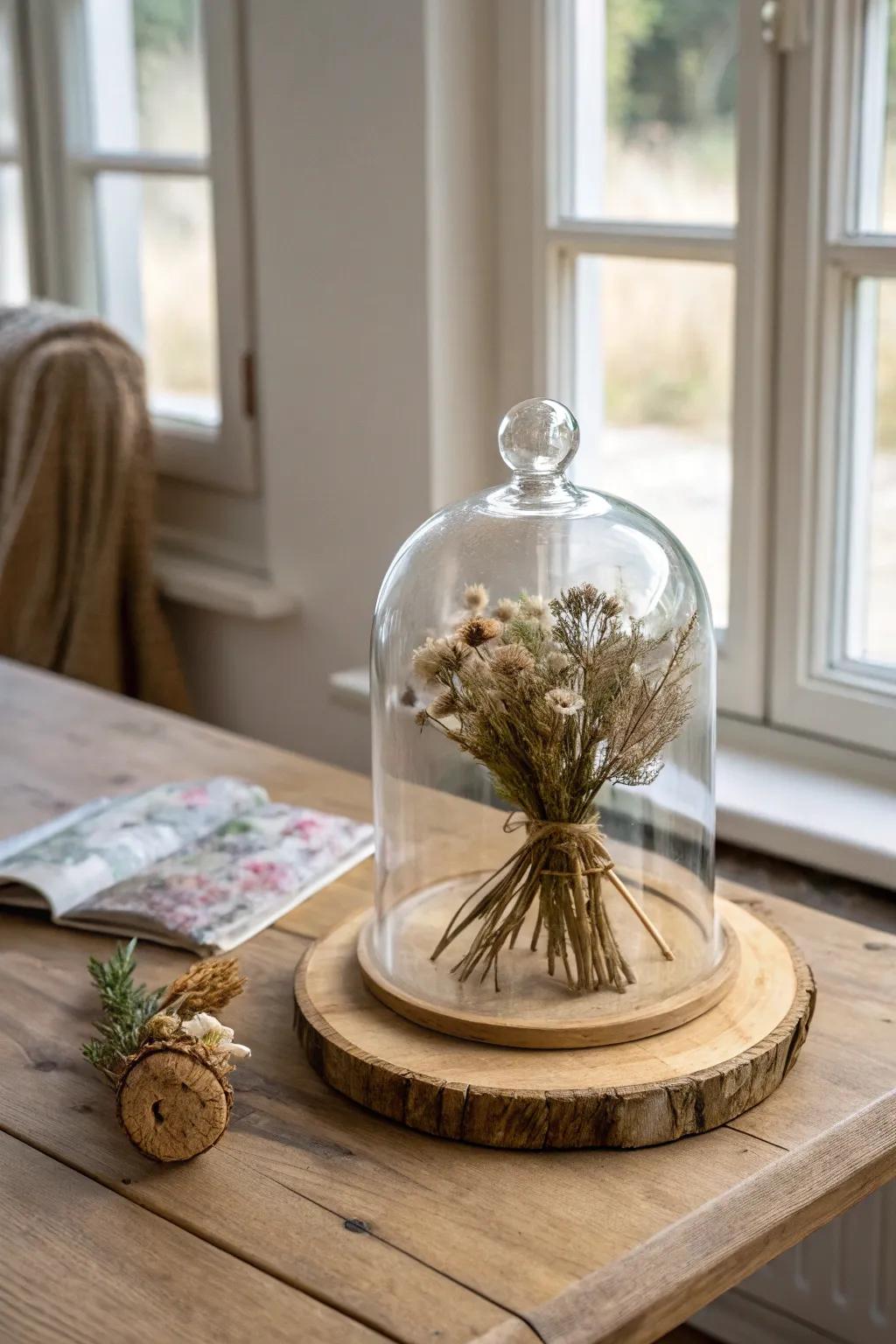A tiny glass cloche turns simple dried florals into a collected, farmhouse entry moment.