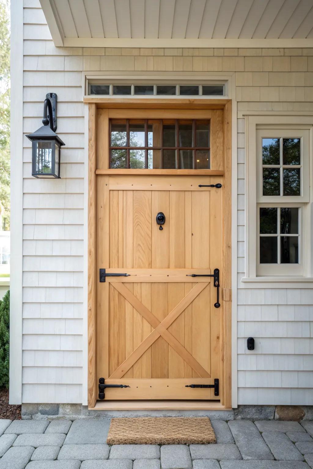 A Dutch door side entry adds barn charm, fresh airflow, and pet-proof practicality.