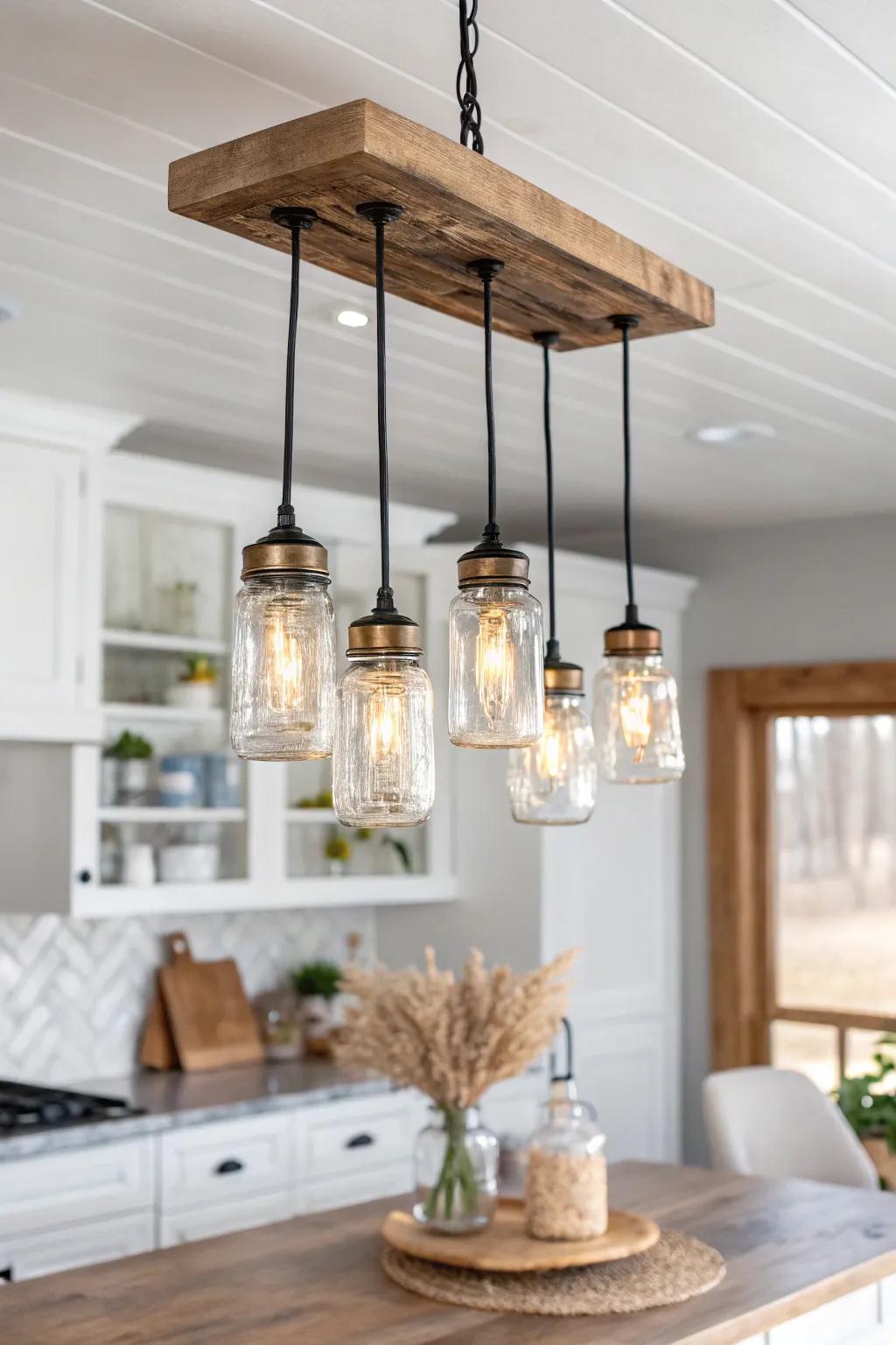 Handmade canning-jar pendant cluster adds cozy farmhouse charm above a clean, modern island.