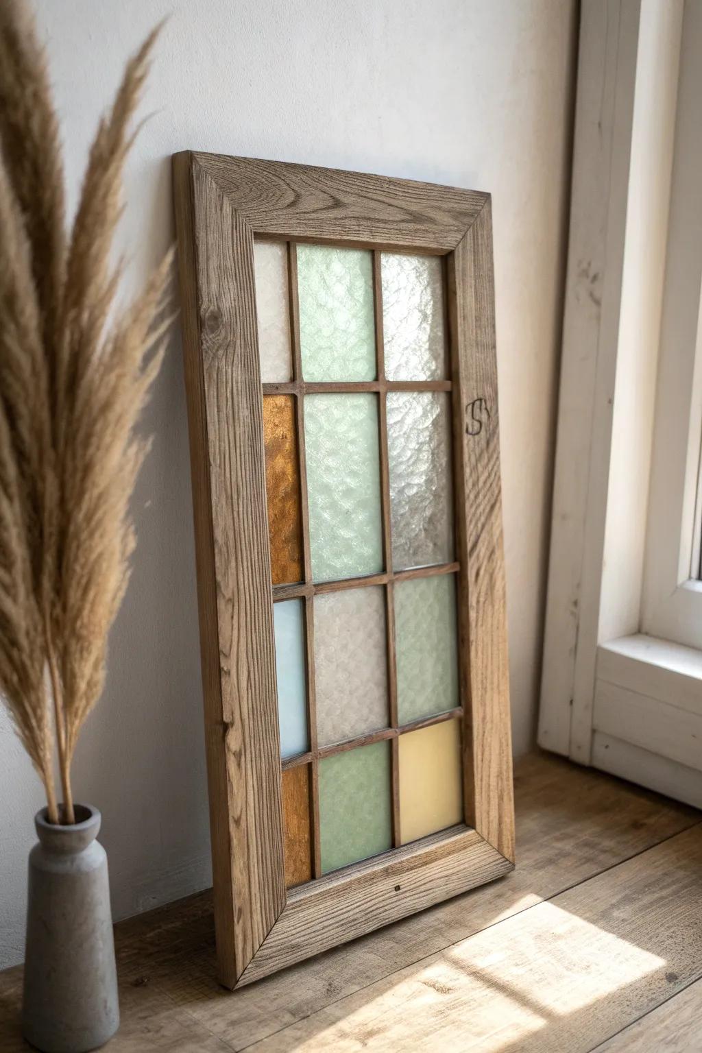 Rustic wood window frame with a resin “stained glass” insert—bright, airy farmhouse charm.