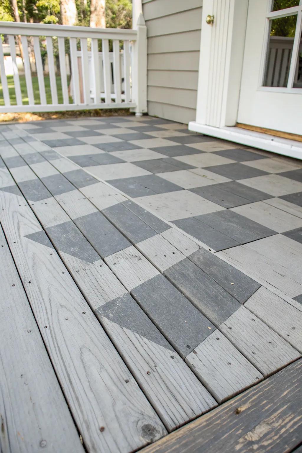 Grain Sack Gray + Graphite Slate checkerboard porch floor—fresh farmhouse charm with contrast.