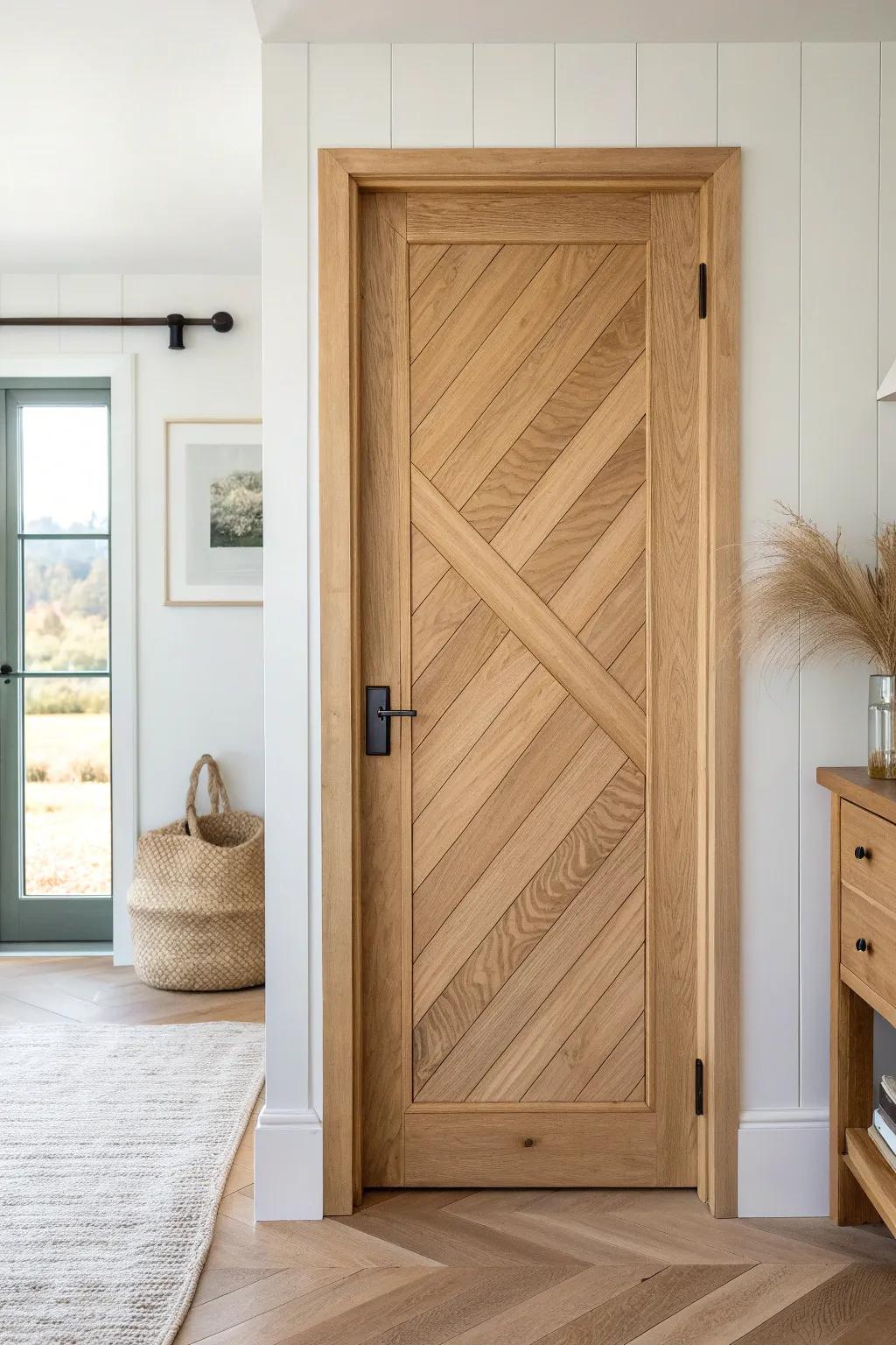 Herringbone plank pantry door in light oak—simple frame, bold pattern, handmade warmth.