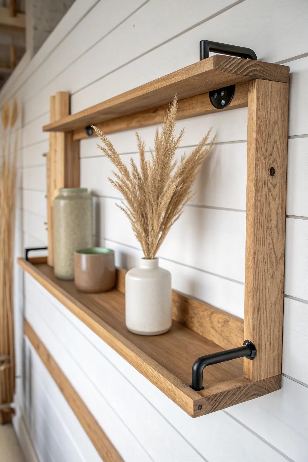 A sliding farmhouse shelf on a wood track—an elegant reveal that hides extra storage behind.