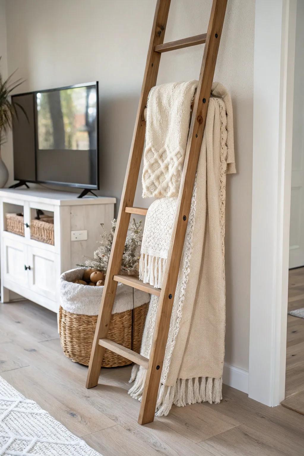 Reclaimed pine blanket ladder adds height and cozy texture beside your farmhouse TV stand.