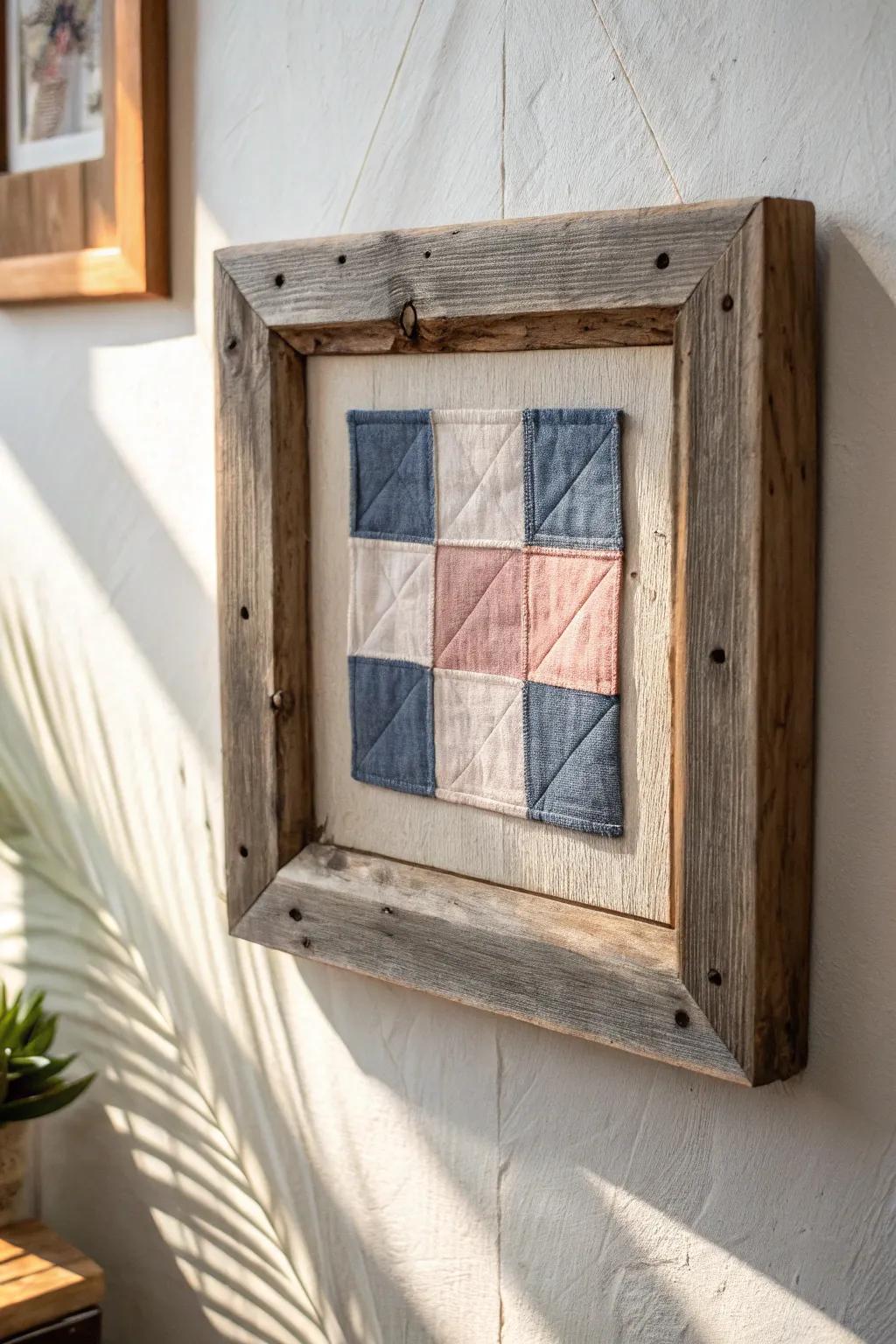 One quilt block in a rustic barnwood frame—soft farmhouse texture with clean Scandinavian calm.