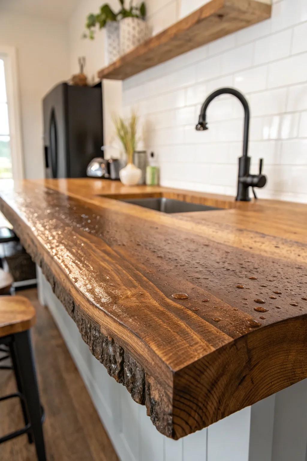 Let the live edge lead: a sealed wood slab counter that makes your farmhouse wet bar unforgettable.