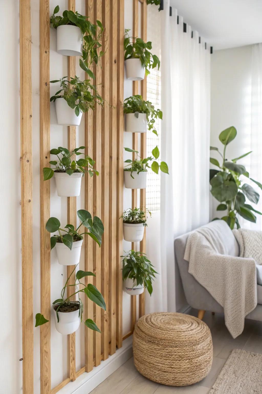 Light oak slats + easy-care greenery for a lush, minimalist feature wall that feels calm and fresh.