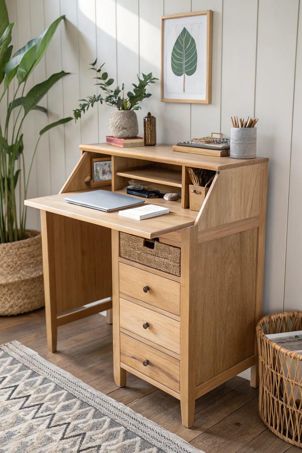 Flip-up leaf file cabinet desk—instant extra workspace that folds away beautifully.