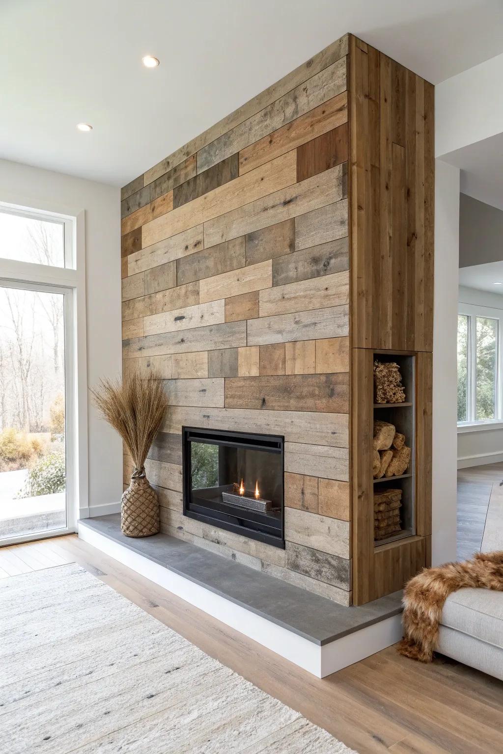 A reclaimed wood patchwork bump-out that turns fireplace cladding into a warm story.