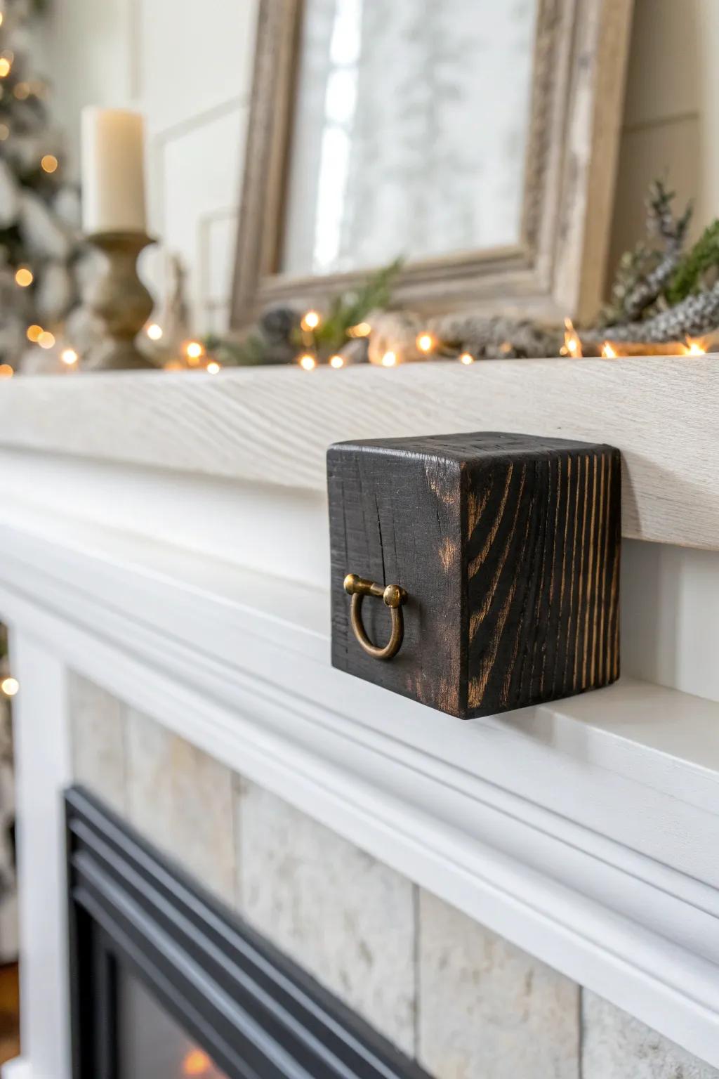 Moody charred-wood stocking hanger block—minimal, handcrafted contrast for the Christmas mantel.