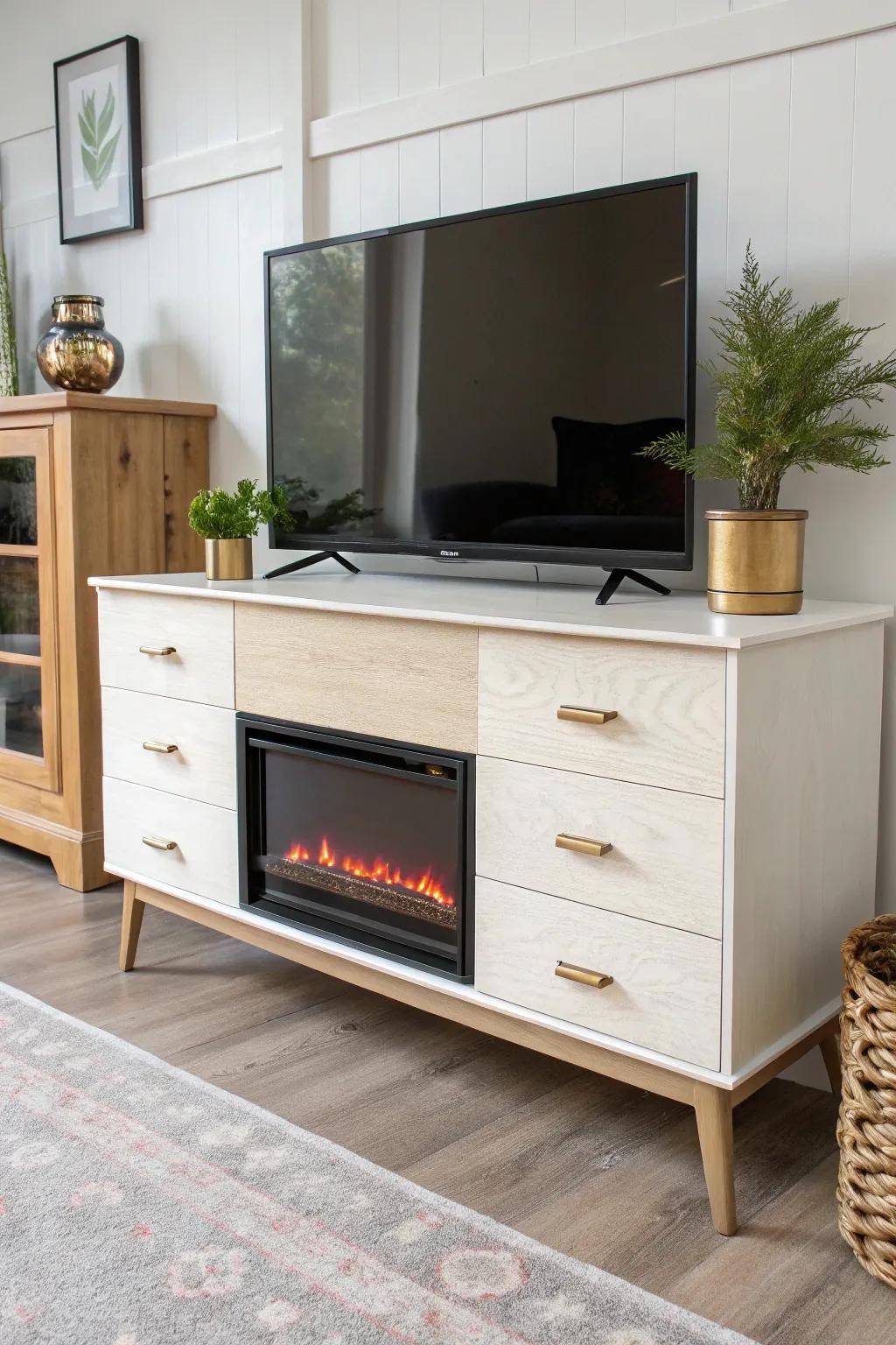 Upcycled dresser fireplace TV stand—hidden storage, warm glow, and one-of-a-kind character.