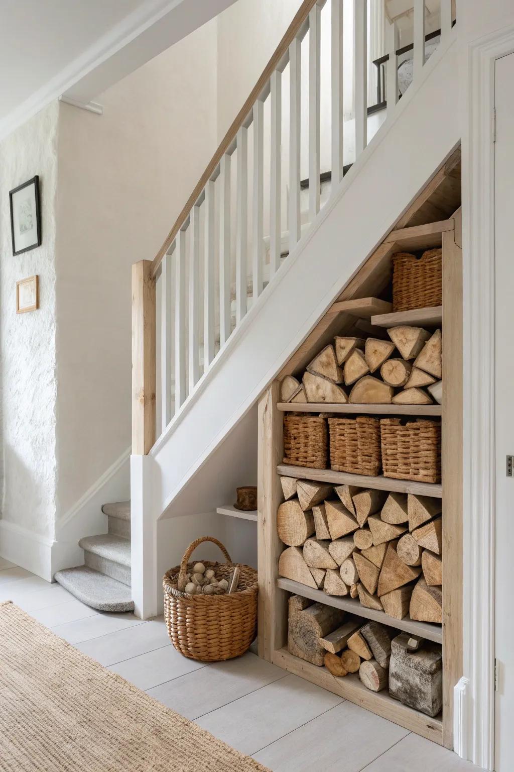 Turn the under-stair nook into a calm “log library” for beautifully stacked indoor firewood.
