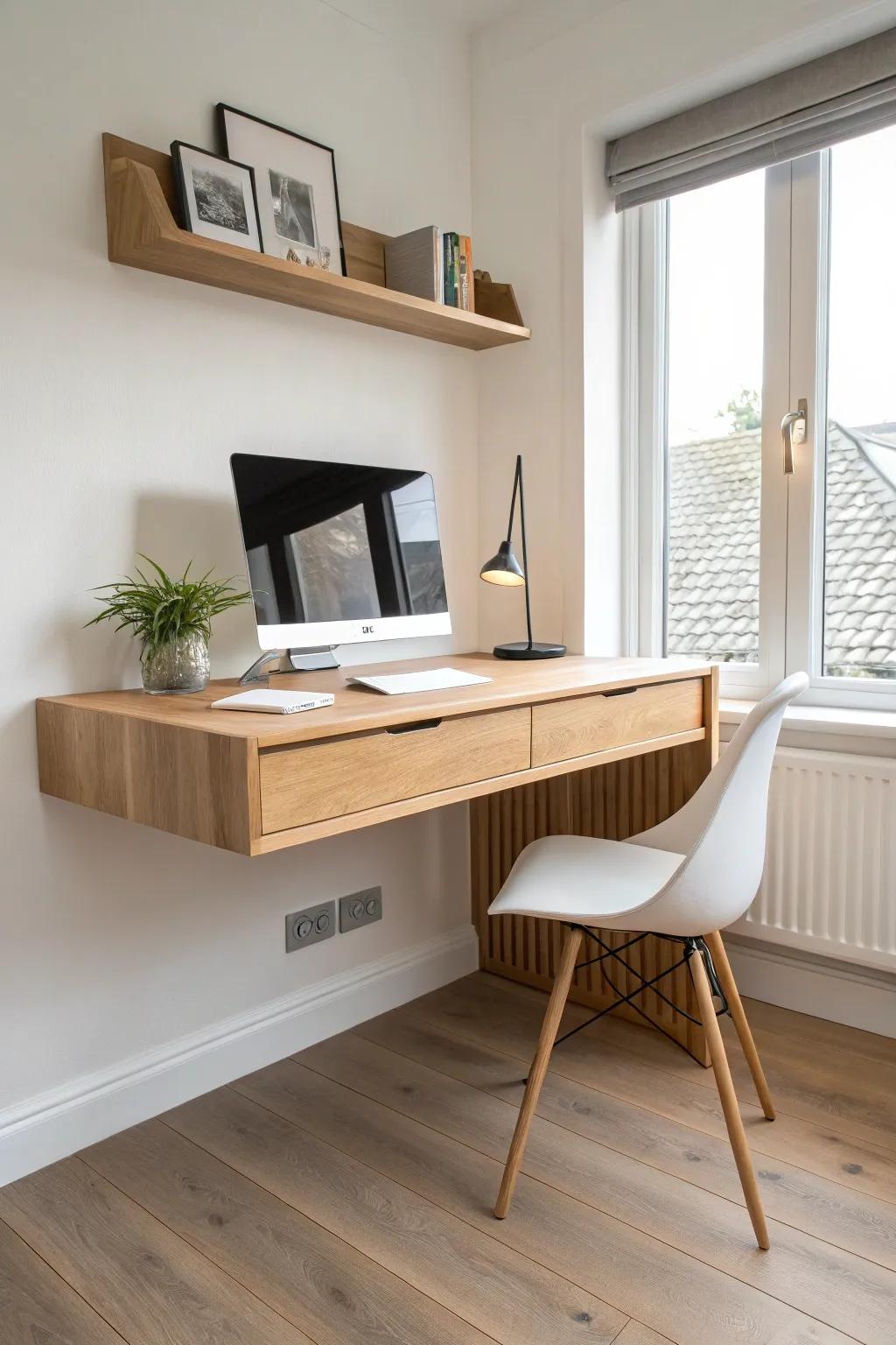 A floating corner desk with a hidden cable channel—clean lines, zero cord chaos, pure calm.