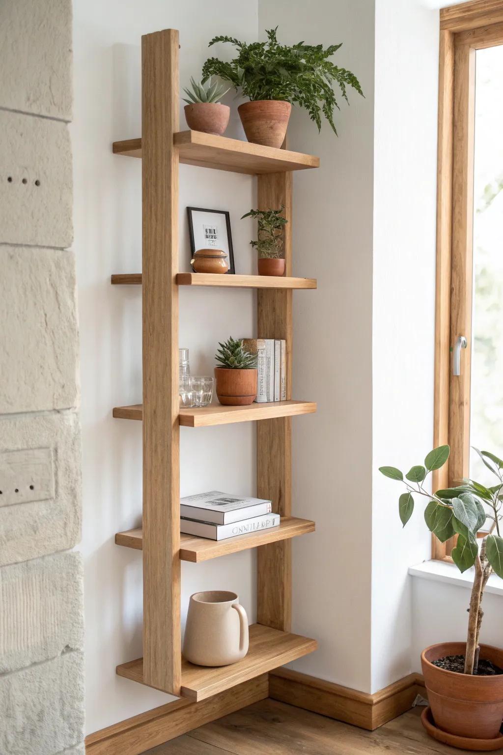 A sleek vertical column of floating oak shelves—storage and wall art for small offices.