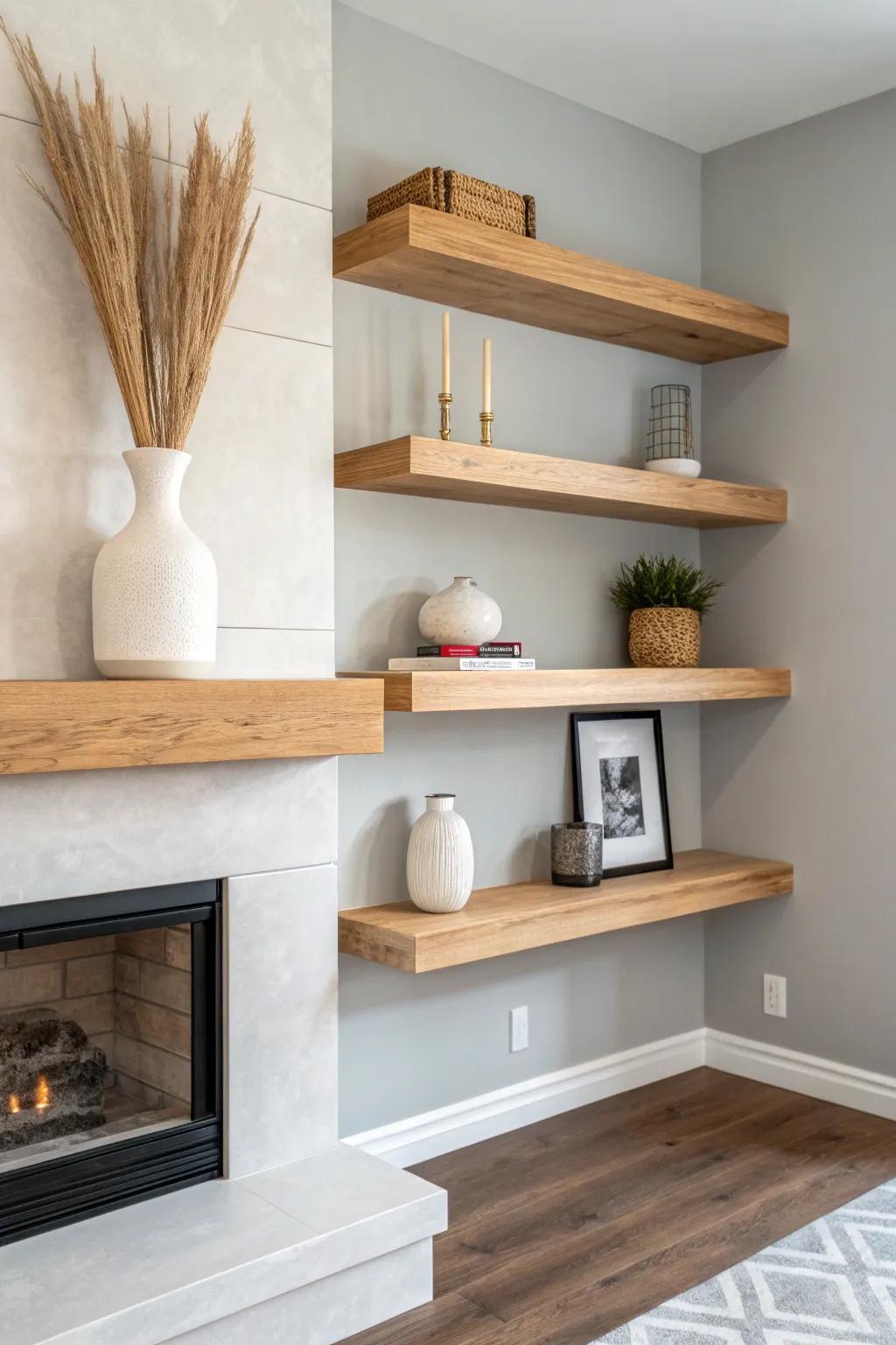 Staggered oak floating shelves beside a plaster fireplace—easy, artsy, and collected.