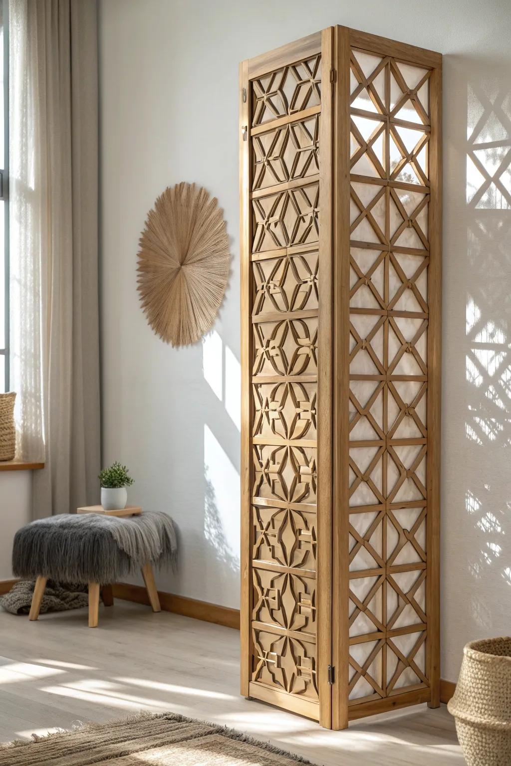 Geometric cutout wood divider that filters light into stunning, shifting shadow art.