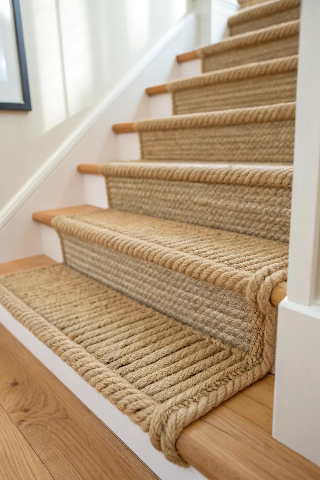 Rustic rope runner adds grip and boho texture while letting the finished wood grain shine.