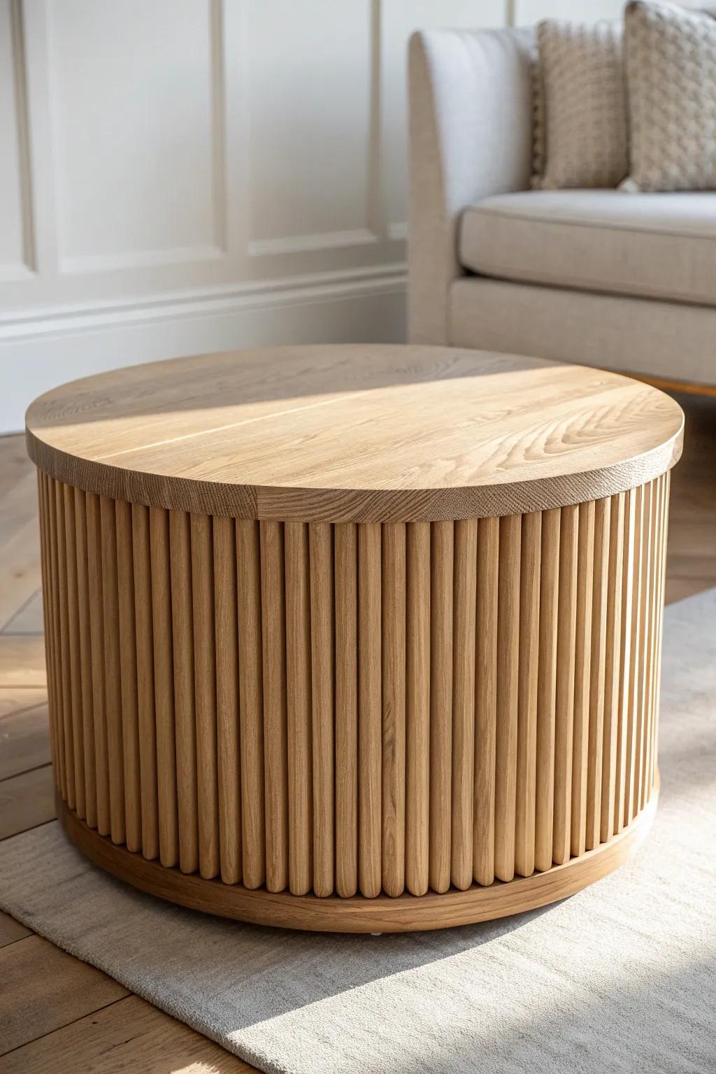Fluted drum coffee table with a recessed base—clean shadow gap for a floating, sculptural look.