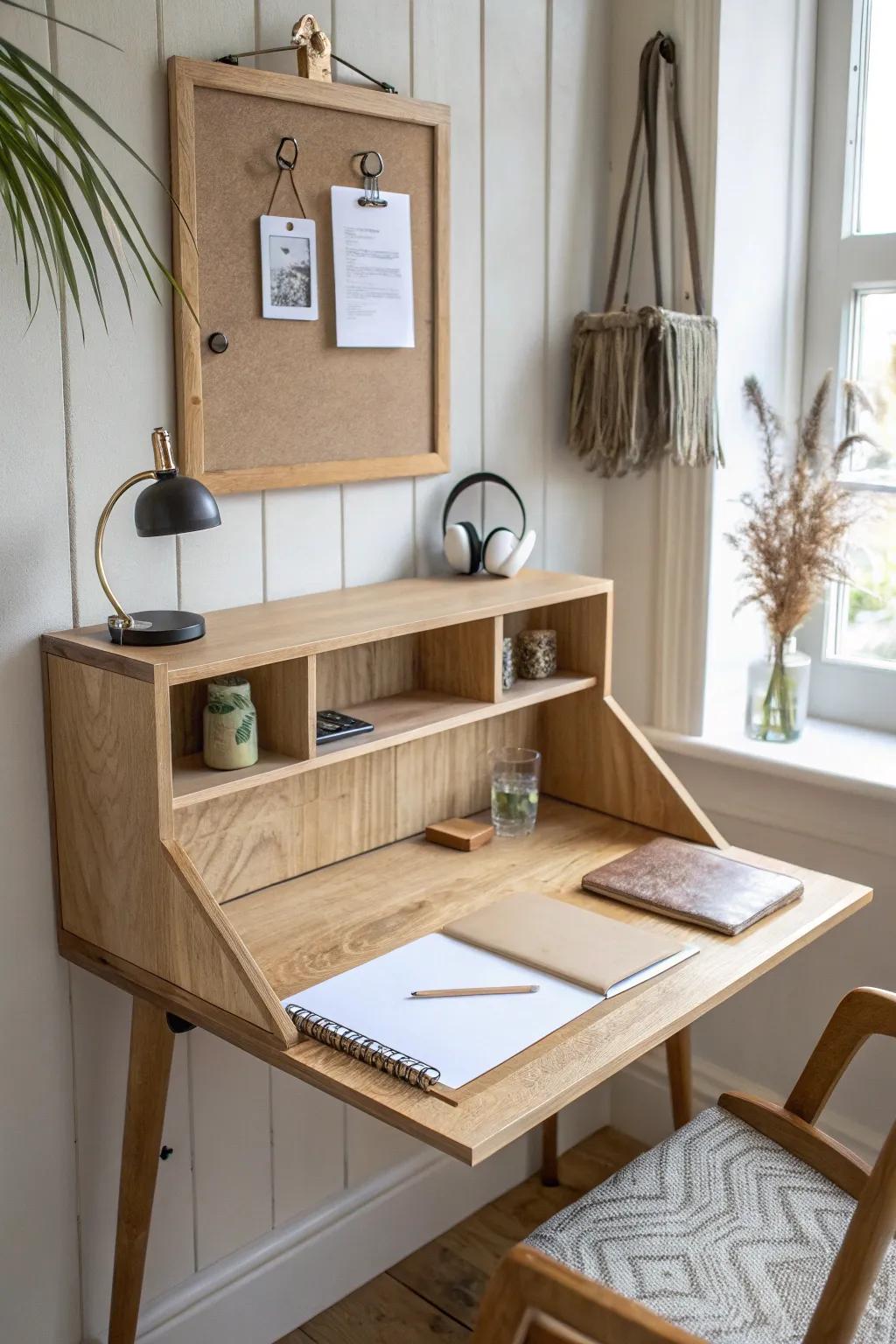 A fold-down desk with a pegboard back keeps tools, notes, and headphones beautifully organized.