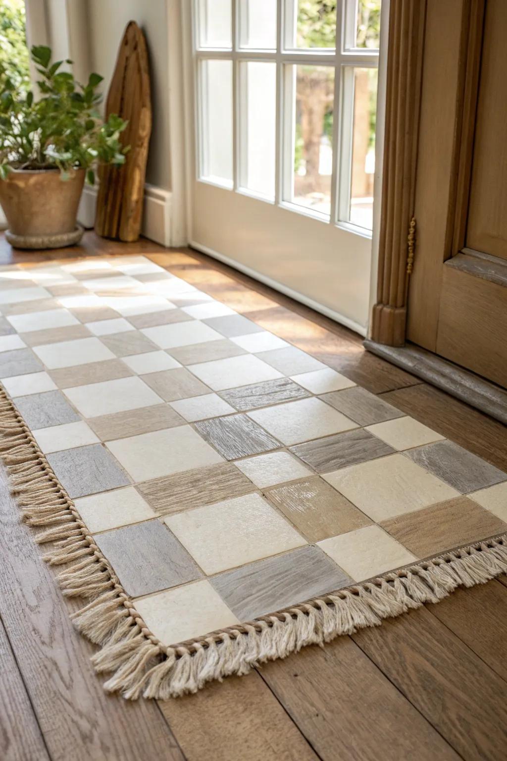 Soft-neutral checkered stencil floor—French entry charm with durable, sealed wood warmth.