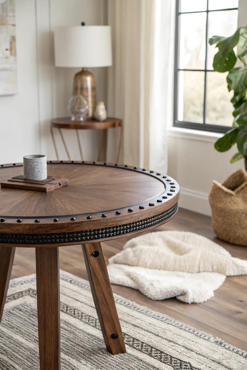 Walnut game table with slim metal edge banding—modern lines, warm wood, studio-made feel.