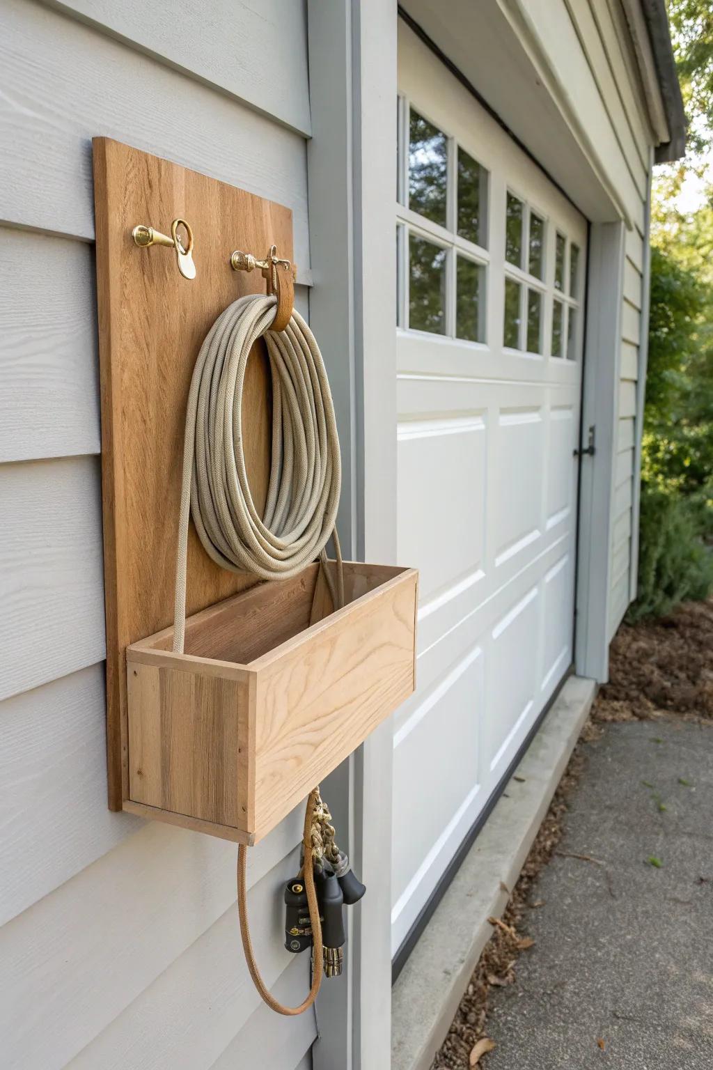 A hidden trim storage box that blends beside the garage door—perfect for hoses, cords, and tools.