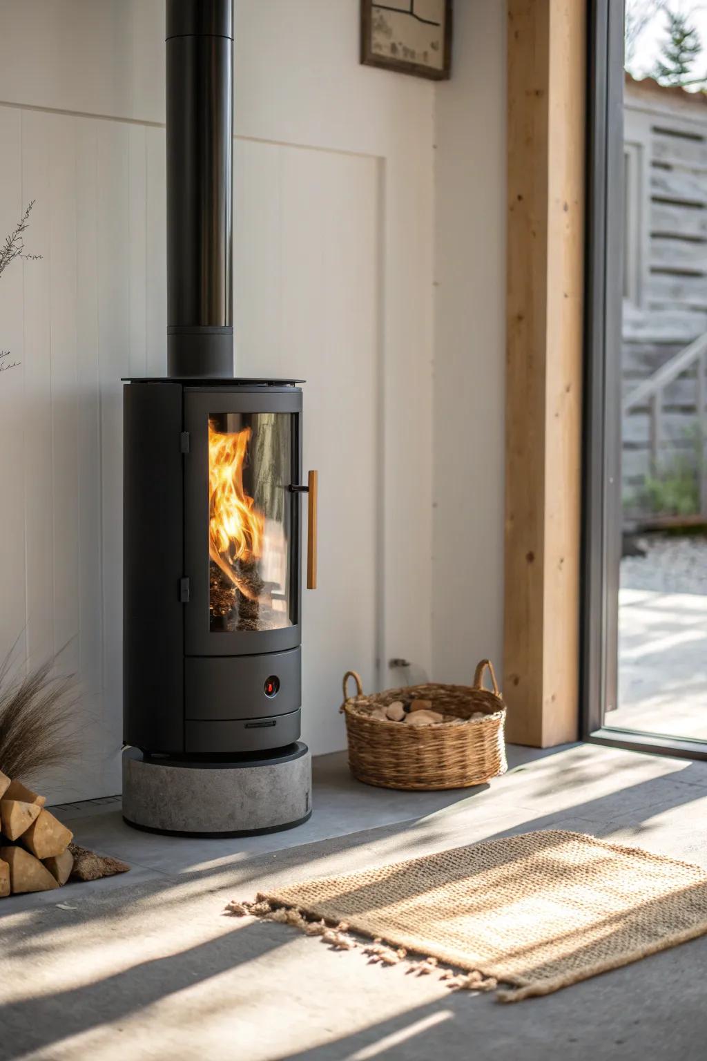 A glass-door wood stove turns the garage into a calm, hearth-like workspace.