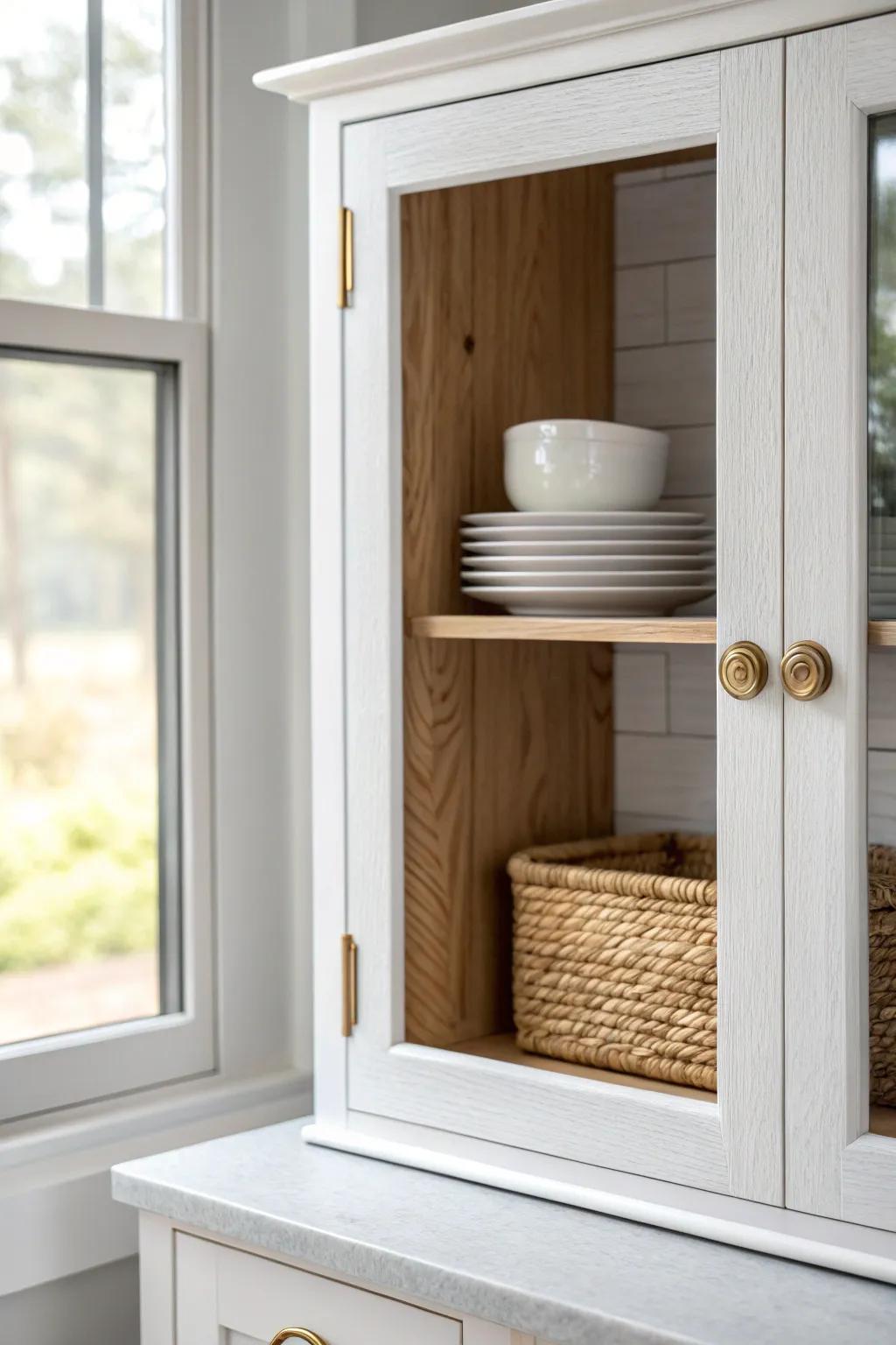 White outside, gray inside—an effortless two-tone cabinet detail that feels instantly custom.