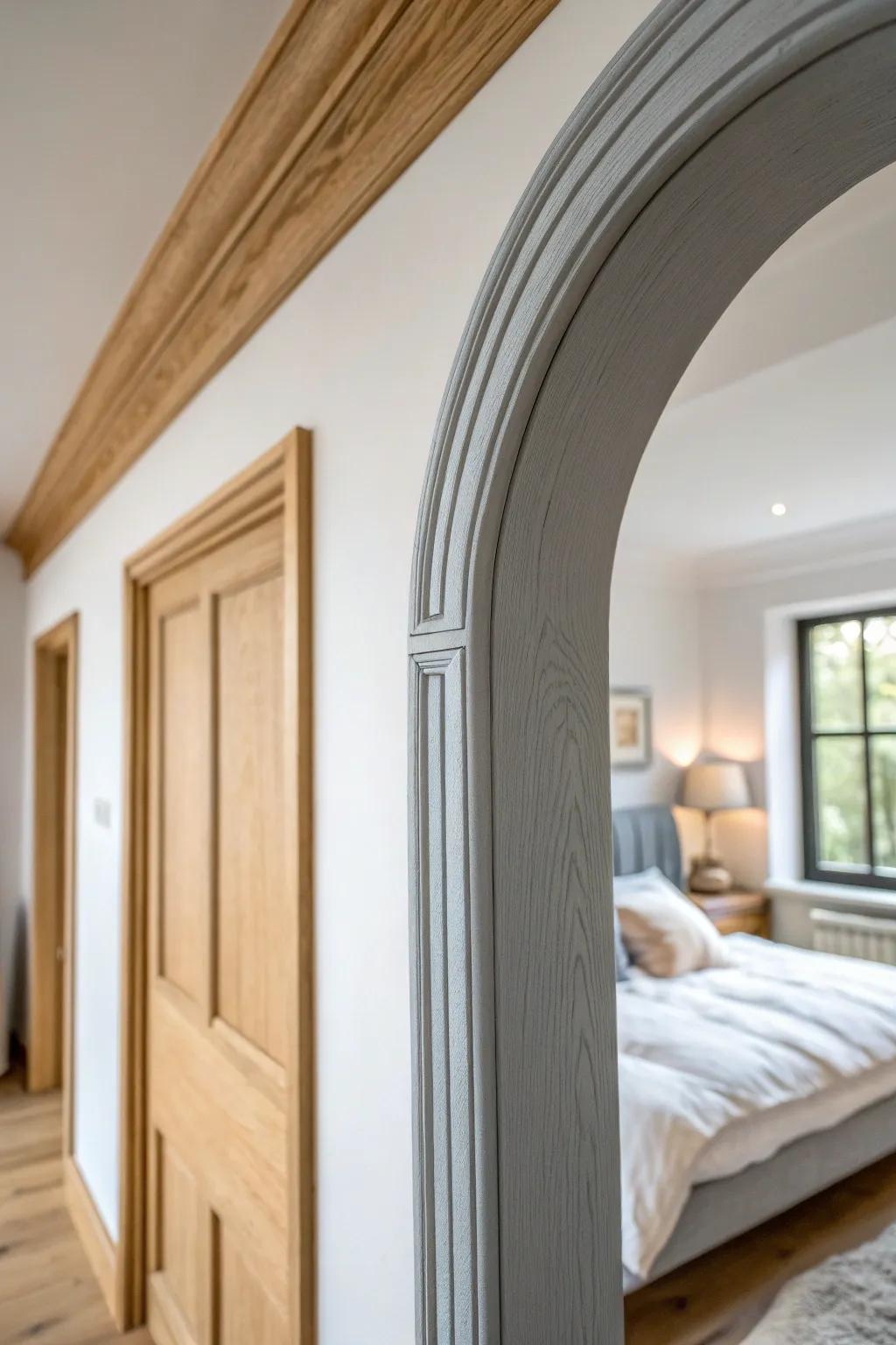 DIY-worthy grey accent arch framed in slim oak trim for a modern, built-in look.