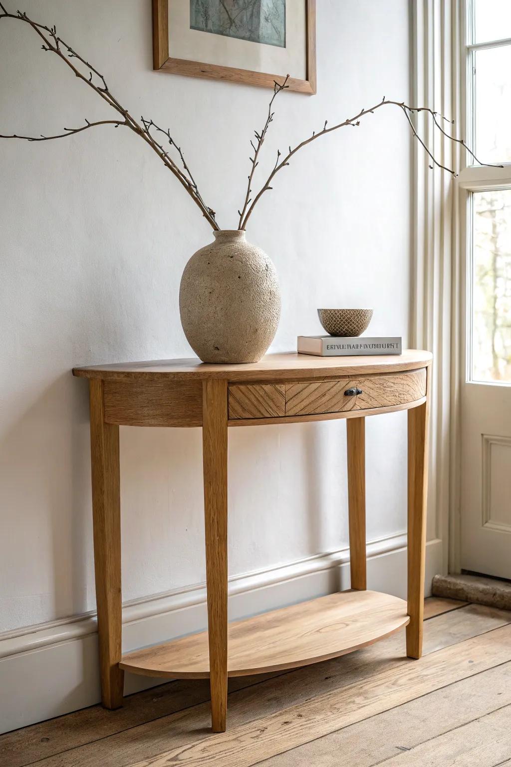 Tall twisty branches in a heavy vase transform a half moon table into instant sculptural drama.