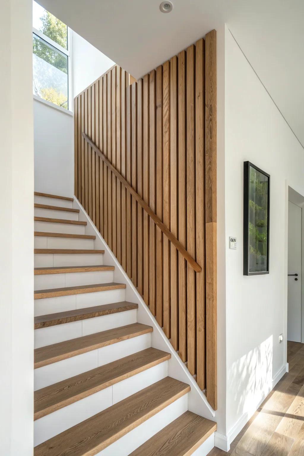Reclaimed wood slats turn a plain stair wall into a warm, textured Scandinavian feature.