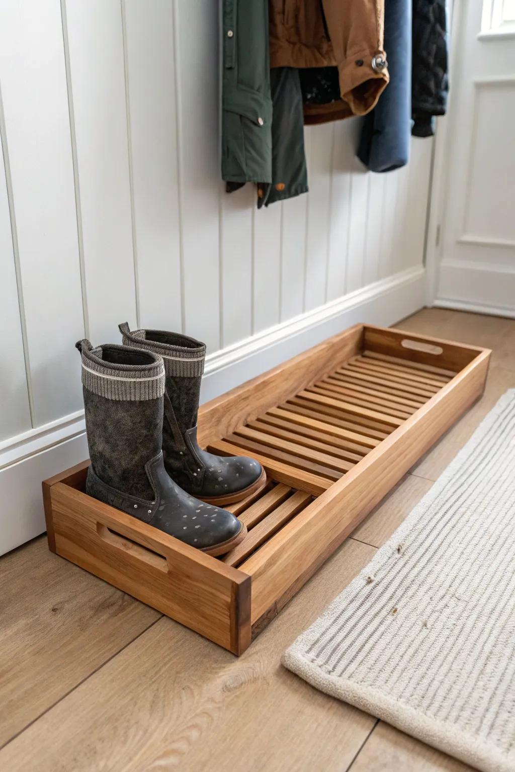 A cedar boot tray with a slatted riser keeps wet shoes drying—and your closet floor fresh.