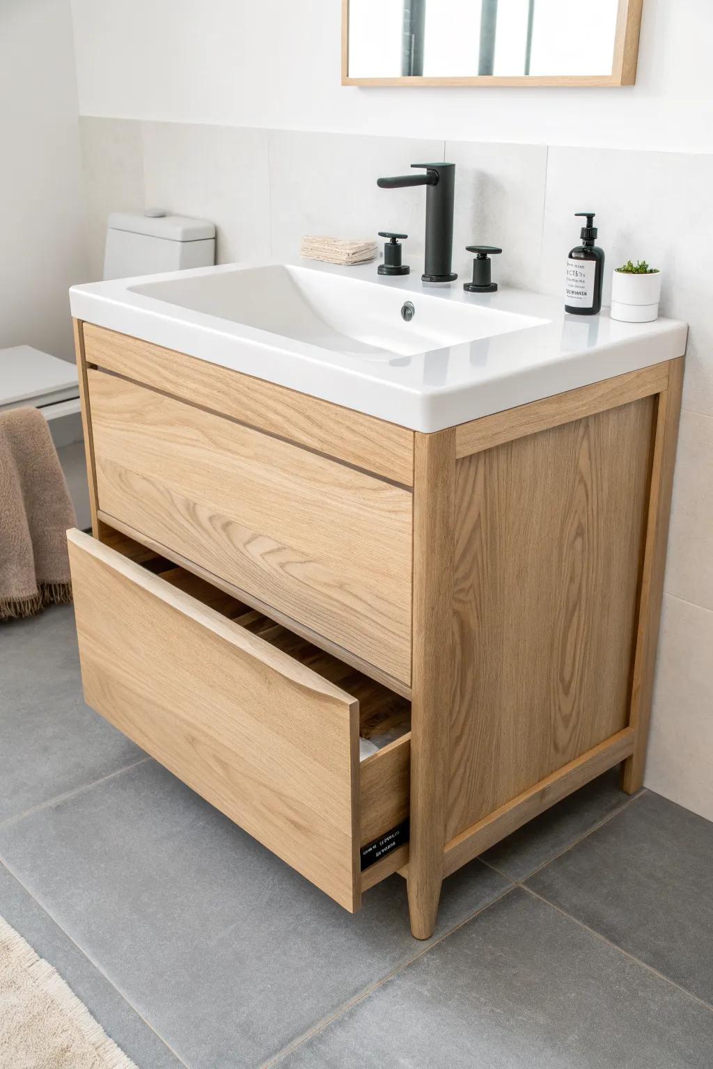 Slim oak vanity with fold-down side wing—extra counter space that tucks away for easy access.