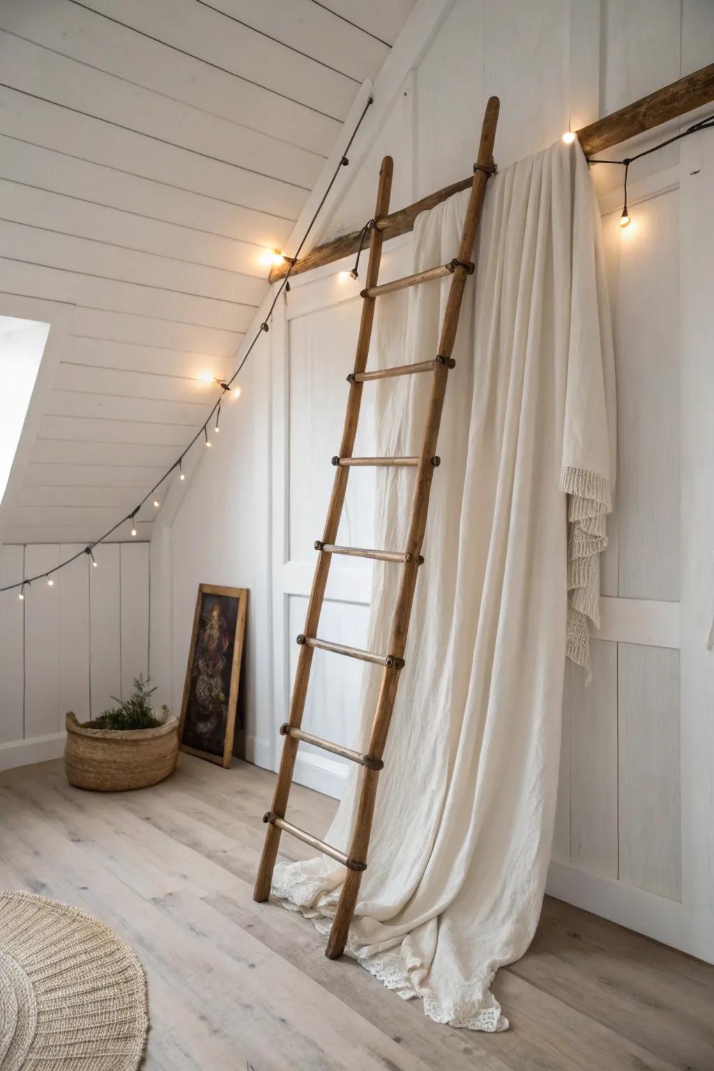 Dreamy linen and warm lights transform a hanging wooden ladder into a soft canopy focal point.