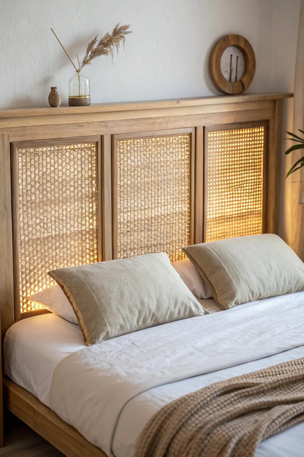 Backlit cane panels turn a simple wood headboard into a cozy, glowing boho statement.