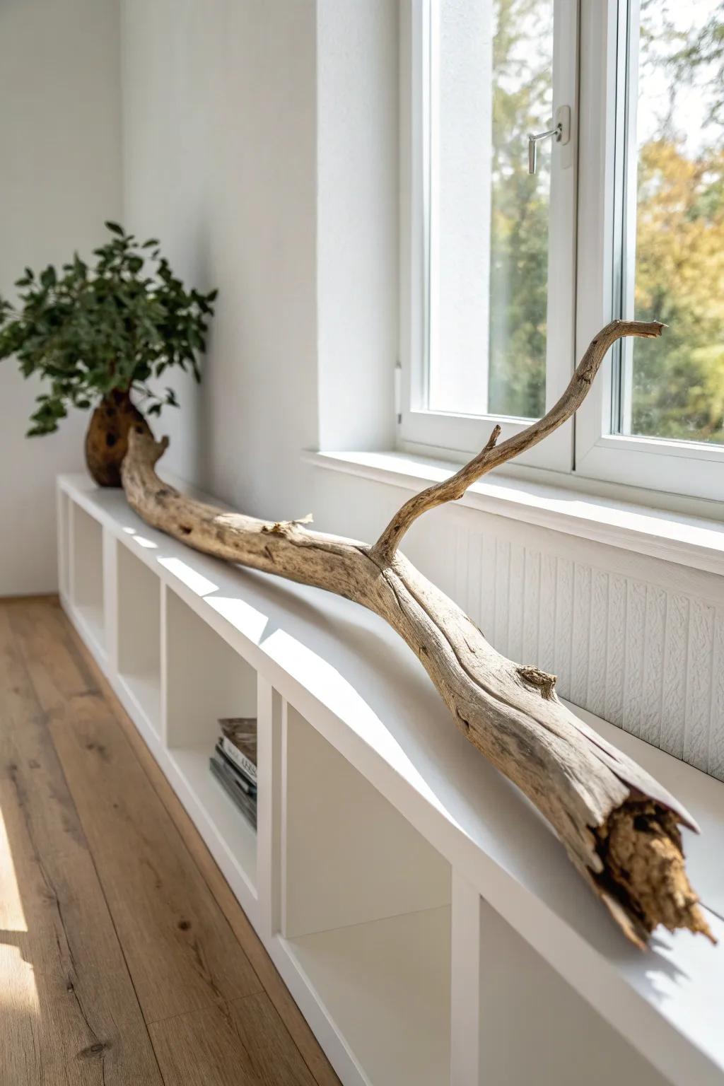 Oversized driftwood on a high shelf brings effortless organic drama and calm contrast.