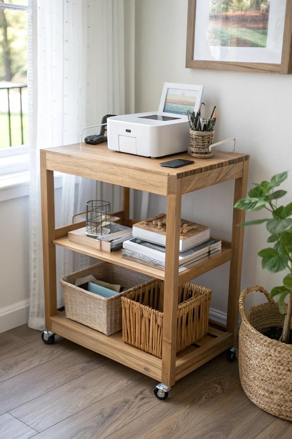 A rolling oak cart turns any corner into a calm, mobile office station—printer, supplies, power.
