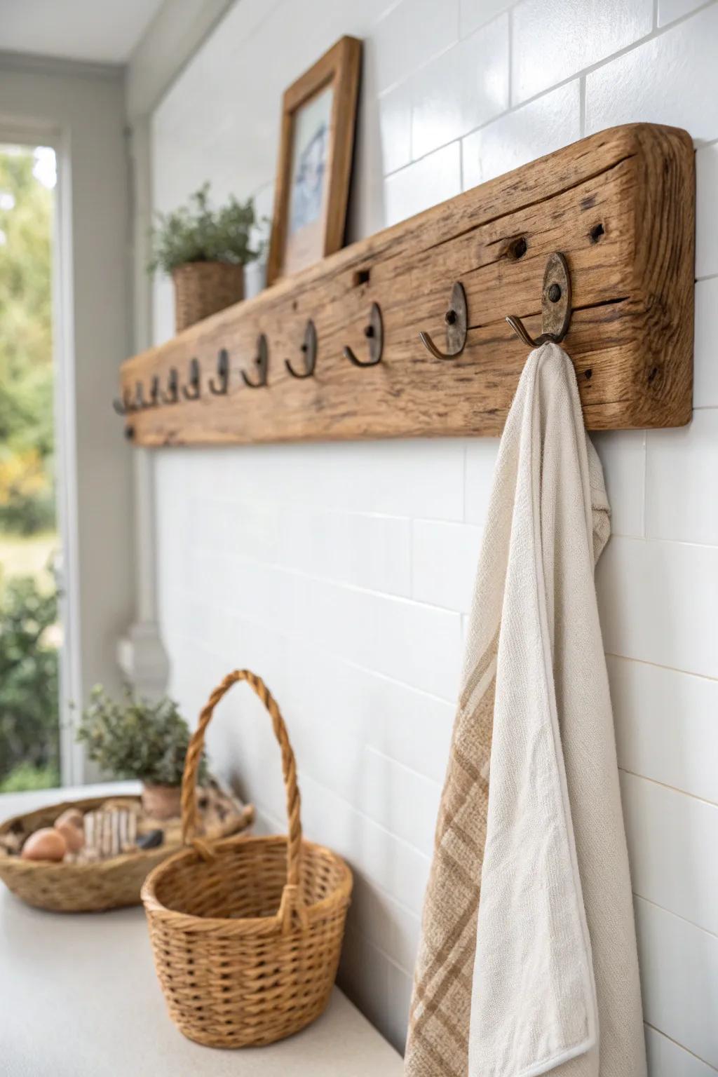 A reclaimed wood peg rail adds warm, homey function—hang towels, mugs, and baskets with style.
