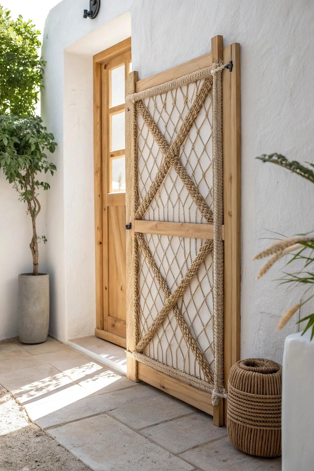 Airy rope-weave infill turns a simple wood frame into a lightweight, soft-look gate.