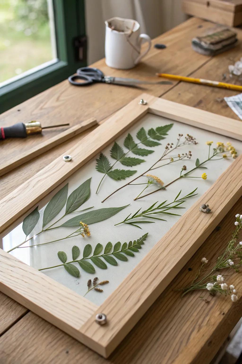 Pressed leaves sandwiched in clear panels—nature art that softly covers cabinet glass.